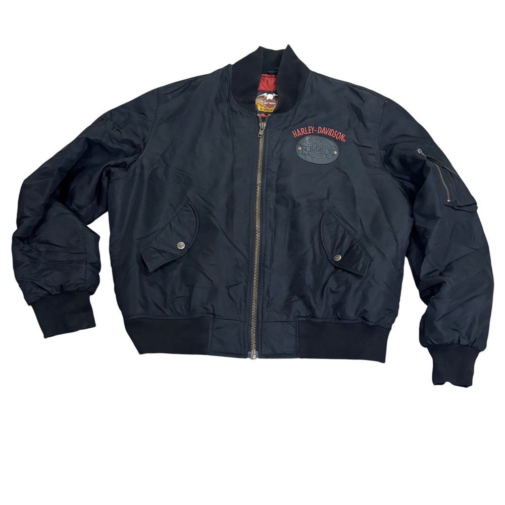 Harley Davidson HOG Bomber Jacket Mens XL Black Nylon Flight Jacket Made in USA